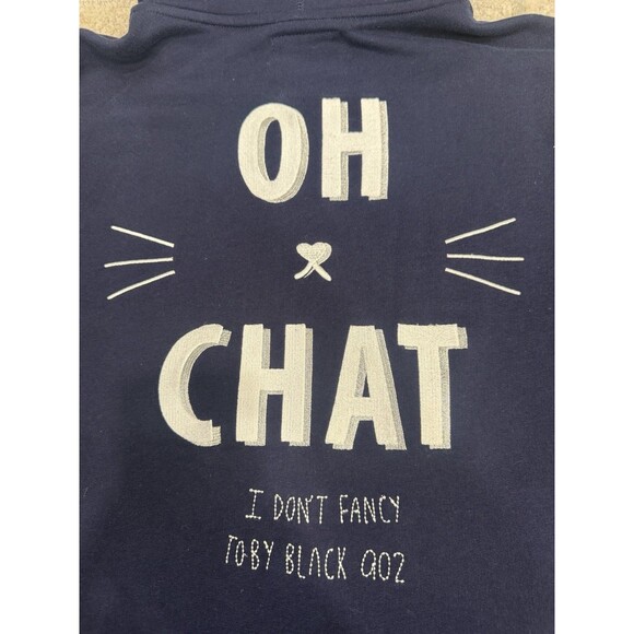 TOBY BLACK Navy Longline Zip-Up Hoodie Dress #MEOW Graphic Patch Sweatshirt M - Picture 9 of 12